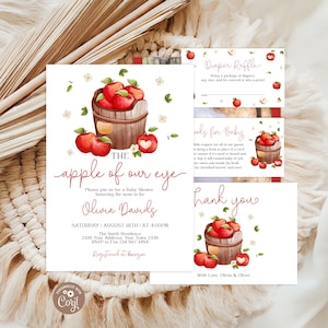 Edytowalny zestaw zaproszeń na baby shower z motywem jabłka w akwareli, cyfrowy szablon baby shower z motywem sadu zdjęcie 1