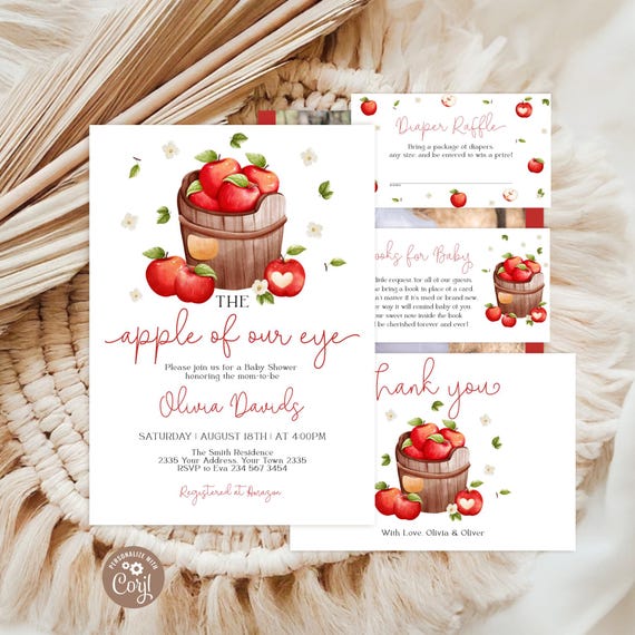Editable Apple Baby Shower Invitation Suite, Watercolor Apple Theme, Digital Orchard Baby Shower Template
