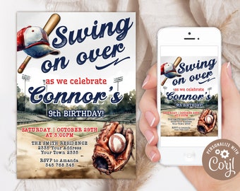 May include: Baseball-themed birthday invitation with a watercolor background of a baseball field. The invitation says "Swing on over as we celebrate Connor's 9th Birthday!" with details for the party, including the date, time, and location.