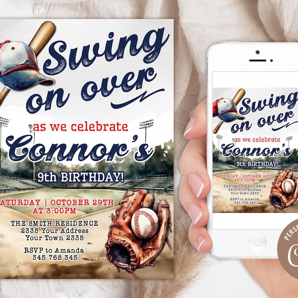 Editable Baseball Birthday Invitation. Baseball Theme Party Invite. Boy Rookie of the year Birthday. Vintage Baseball Style Birthday Invite.