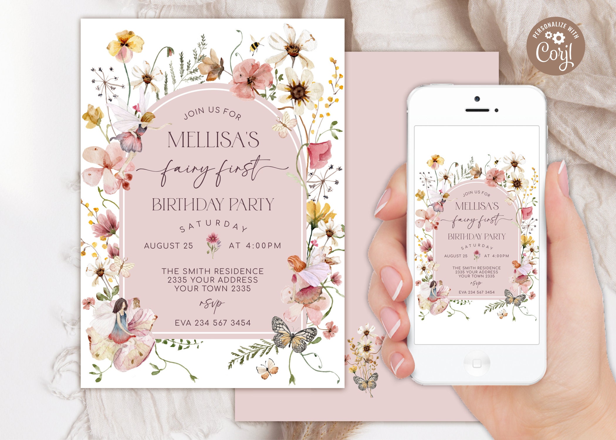 Editable Fairy 1st Birthday Invitation. Enchanted Fairy Princess Party Invite. Wildflower Fairy 1st Birthday Party. Magical Whimsical Fairy.