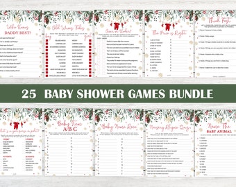 Może przedstawiać: Zestaw 25 gier na baby shower zawierający dziesięć wydrukowanych kart z motywem świątecznej zieleni, czerwonych jagód i złotych płatków śniegu. Każda karta zawiera tytuły gier, takie jak Who Knows Daddy Best i Baby Name Race.