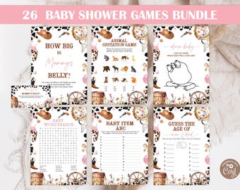 May include: A set of 26 printable baby shower games with a Western theme. The games feature a pink and black color scheme with cowhide print and floral accents. The games include "How Big is Mommy's Belly?", "Animal Gestation Game", "Draw Baby", "Baby Word Search", "Baby Item ABC", and "Guess the Age of Mom & Dad".