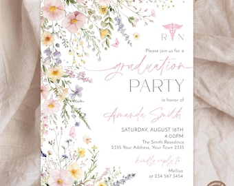 Wildflower Nursing Graduation Invitation: Editable RN Invite (Digital). Registered Nurse Photo Invite. Garden Wild Flower Spring Summer.
