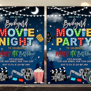 Editable Backyard Movie Night Birthday invitation. Movie Night Birthday Invitation for a Boy. Movie Party Invite. Movie Cinema Invitation.