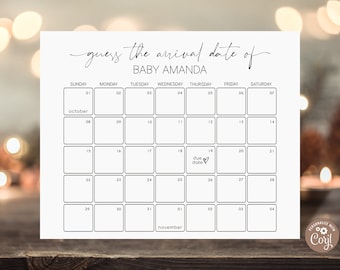 Bewerkbaar minimalistisch kalenderspel voor babyvervaldatum. Raad de geboortedatum van de baby. Verjaardagsvoorspelling. Babyshower. Vervaldatum spel. Babykalender.