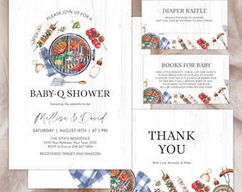 Redigerbart Baby-Q showerinbjudningsset. BBQ babyshowerinbjudningspaket. Inbjudan till babyshower i trädgården. Könsneutral BBQ babyshower.