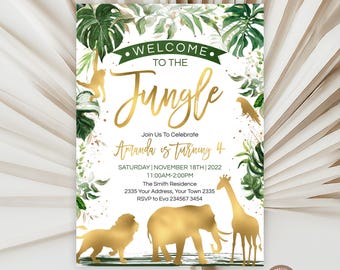 Editable Gold Jungle Birthday Invitation, Safari Animals (Digital Item)