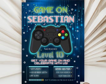 Editable Video Game Birthday Invitation Template, Neon Pixel Party (Digital Download)