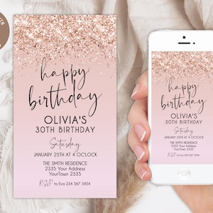 Editable Happy Birthday Invitation. Adult Birthday. Birthday party Mobile Invite. Happy Birthday Evite. Gold Foil. Modern White Pink Gold.