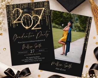 Editable Graduation Party Invitation, Gold and Black 2027 Grad Invite (Digital), Glitter Graduation