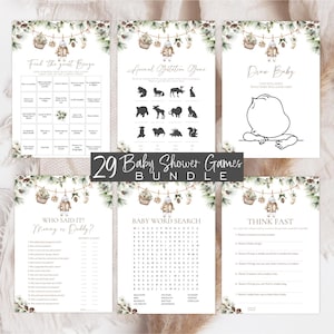 May include: A collection of 29 baby shower games, including bingo, animal identification, and drawing activities. The games feature a neutral colour scheme with decorative accents. The text "29 Baby Shower Games Bundle" is displayed.