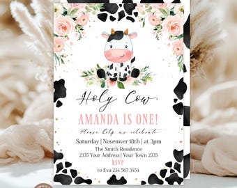 Editable Holy Cow First Birthday Invitation, Watercolor Floral Farm Girl Party Invite (Digital)