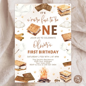 May include: A watercolor-style invitation for a first birthday party. The design features s'mores, marshmallows, chocolate, and graham crackers. The text reads "It's s'more fun to be ONE" and includes the name "Oliver's" and party details.