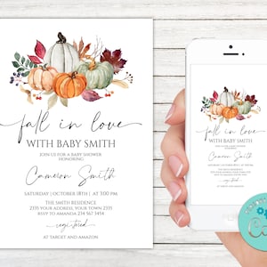 Editable Fall in love Pumpkin Baby Shower Invitation. Fall Baby Shower Invite. Autumn Baby Shower. Watercolor Floral Pumpkin. Fall Shower.
