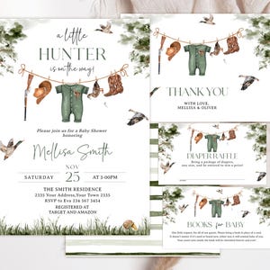 Editable Duck Hunting Baby Shower Invitation Set. A Little Hunter Is On The Way Baby Shower Invite. Rustic Outdoors Boy Clothes Mallard Duck