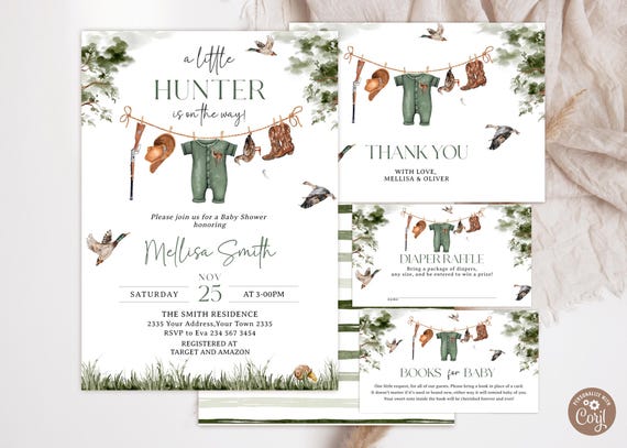 Editable Duck Hunting Baby Shower Invitation Set. A Little Hunter Is On The Way Baby Shower Invite. Rustic Outdoors Boy Clothes Mallard Duck