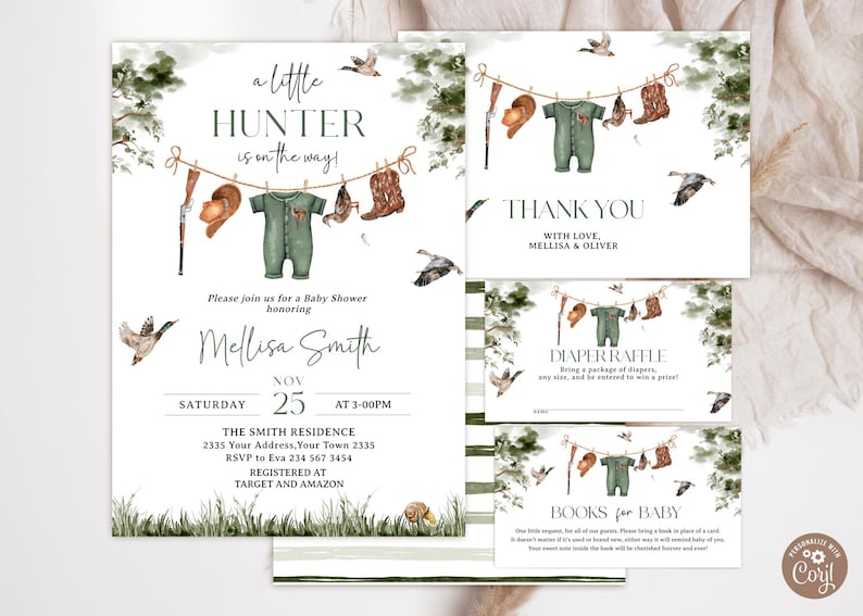 May include: A baby shower invitation set featuring watercolour illustrations of a clothesline with a green onesie, cowboy boots, and a shotgun. The text reads A LITTLE HUNTER IS ON THE WAY, THANK YOU, DIAPER RAFFLE, and BOOKS FOR BABY with event details.
