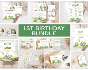 Editable Green Tractor, Bales of Hay Birthday Invitation Bundle. Tractor Birthday Kit. Boy Birthday Party. Tractor Theme Birthday Party Kit.