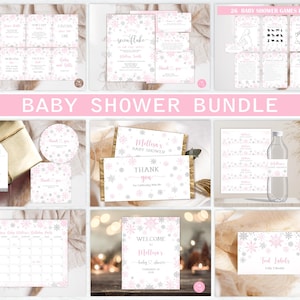 Editable Snowflake Baby Shower Bundle. A Little Snowflake Is On The Way Baby Shower Set. Pink and Silver Snowflakes Baby Shower Games Bundle