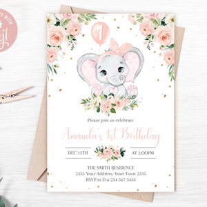 Invitación editable para el primer cumpleaños de un elefante. Primer cumpleaños de niña. Invitación al primer cumpleaños del elefante floral rosa. Primer cumpleaños del elefante ruborizado.