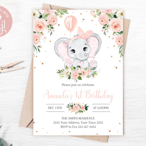 Editable Elephant First Birthday Invitation. Girl First Birthday. Pink Floral Elephant First Birthday Invite. Blush Elephant 1st Birthday.