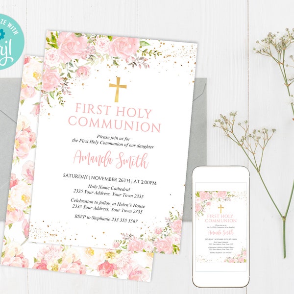 Editable First Holy Communion Invitation. Girl First Communion Invitation. Communion invites. Communion Party. Flowers. Blush, Pink & Gold.