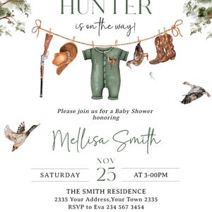 May include: A baby shower invitation featuring watercolour illustrations of a rifle, cowboy hat, green onesie, duck, and boots hanging on a clothesline. Text reads: a little HUNTER is on the way! Please join us for a Baby Shower honouring Mellisa Smith.