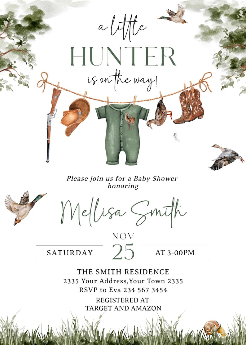 May include: A baby shower invitation featuring watercolour illustrations of a rifle, cowboy hat, green onesie, duck, and boots hanging on a clothesline. Text reads: a little HUNTER is on the way! Please join us for a Baby Shower honouring Mellisa Smith.