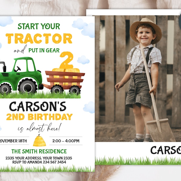 Editable Tractorm, Bales of Hay Birthday Invitation. Green Tractor Truck Birthday Invite. Boy 2nd Birthday Invite. Farm Birthday Invitation.