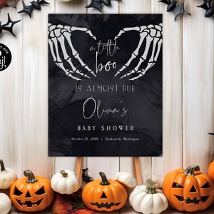 Editable Halloween Baby Shower Welcome Sign. Gothic Baby Shower Welcome Sign. Skull Baby Shower Sign. A Little Boo Is Almost Due.