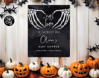 Editable Halloween Baby Shower Welcome Sign. Gothic Baby Shower Welcome Sign. Skull Baby Shower Sign. A Little Boo Is Almost Due.