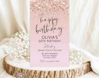 Könnte beinhalten: Eine rechteckige Geburtstagseinladungskarte mit einem roségoldenen Glitzer-Oberteil, das in einen hellrosa Hintergrund übergeht. Der Text lautet: happy birthday, OLIVIA'S 30TH BIRTHDAY, Saturday, JANUARY 25TH AT 4 OC'LOCK, THE SMITH RESIDENCE, 2335 Your Address, YourTown 2335, RSVP to Eva 234 567 3454.