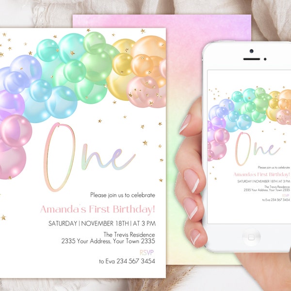 Editable Pastel Rainbow Birthday Invitation. Pastel Invite. Colorful Rainbow Girl's Party Invite. Rainbow Balloon Arch. First Birthday Party