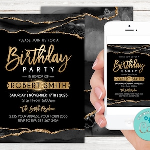 Invitation de fête d'anniversaire modifiable. Invitation de fête d'anniversaire d'agate. Fête d'anniversaire pour homme adulte. Invitation d'anniversaire noir et or. Tout âge.
