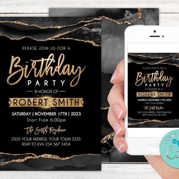 Editable Birthday Party Invitation. Agate Birthday Party Invite. Adult Mens Womans Birthday Party. Black and Gold Birthday Invite. Any Age.