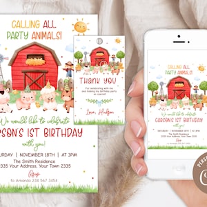 Editable Farm First Birthday Invitation. Boy Barnyard Birthday Party. Party Animal Birthday Invite. Red Farm. Farm Animals. Boy Farm Party.
