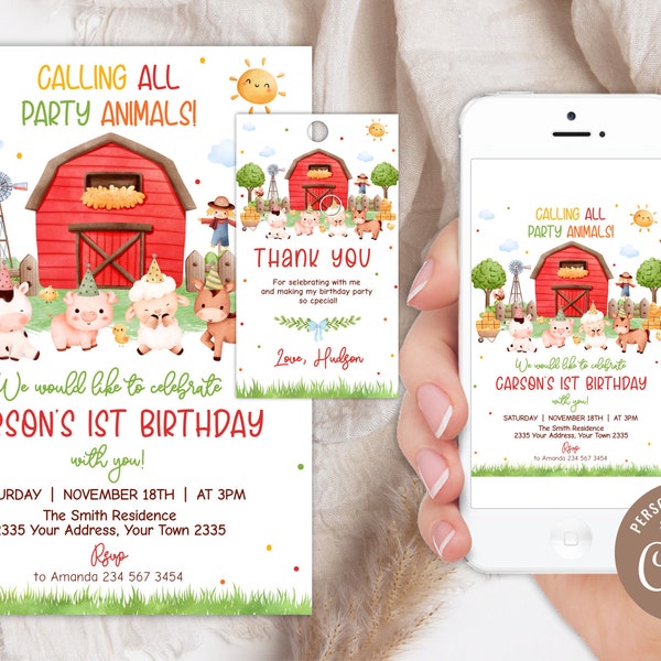 Editable Farm First Birthday Invitation. Boy Barnyard Birthday Party. Party Animal Birthday Invite. Red Farm. Farm Animals. Boy Farm Party.