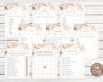 Schmetterling Babyparty Spiel Paket. 9 Printable Boho Blush Mauve Pink Gold Schmetterling Baby Shower Spiele Pack. Babyparty Spiele.