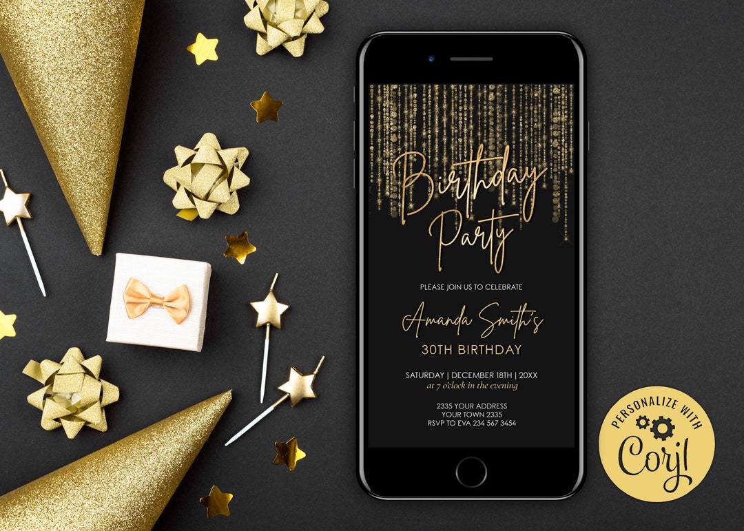 Editable Gold Glitter Birthday Party Digital Invitations. Black and ...