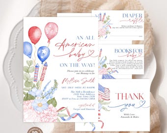Editable All American Baby Shower Invitation. Red White and Due Baby Shower Invite. 4th of July  Independence Day Patriotic Baby Shower.
