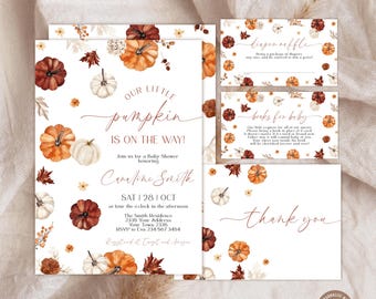 May include: A white baby shower invitation set featuring watercolor illustrations of orange, red, and white pumpkins with autumn leaves. The text reads Our Little Pumpkin Is On The Way, Diaper Raffle, Books For Baby, and Thank You with event details.