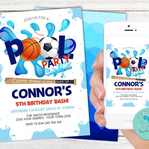 Editable Summer Pool Sport Birthday Party Invitation. Sports Pool Birthday Party. Pool Party Birthday. Boy Sports Summer Birthday. Any age.