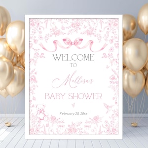 Letrero de bienvenida para baby shower editable en Toile De Jouy. Letrero de bienvenida para baby shower con lazo floral rosa y texto en inglés "Wake Girl". Letrero Jouy para guardería de estilo chinoiserie
