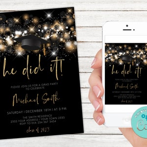 Editable Graduation Party Invitation. Glitter Graduation Invitation. Black and gold glitter Graduation. Gold Glitter.He did it! She did it!