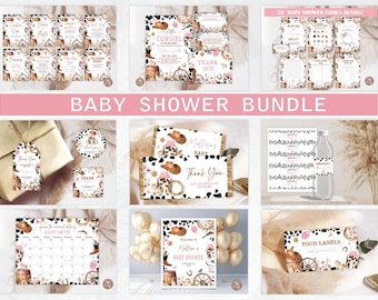 Editable Cowgirl Baby Shower Bundle. A Little Cowgirl Baby Shower Set. Wild West Western Girl Pink Outdoors Rodeo Country Games Bundle.