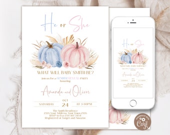 Editable Pumpkin Gender Reveal Invitation. Fall Gender Reveal Party Invite. Boy Or Girl. He or She. What will our Little Pumpkin be. Pampas.