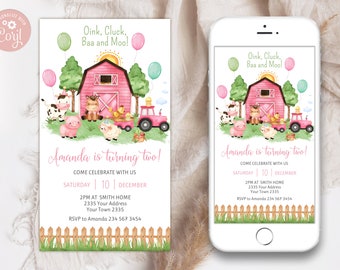 Editable Farm First Birthday Invitation. Girl Barnyard Birthday Party. Party Animal Birthday Invite. Pink Farm. Farm Animals Girl Farm Party