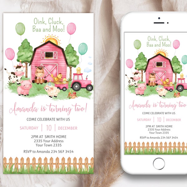 Editable Farm First Birthday Invitation. Girl Barnyard Birthday Party. Party Animal Birthday Invite. Pink Farm. Farm Animals Girl Farm Party