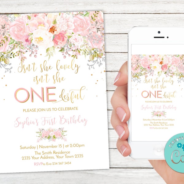 Editable Onederful Invitation. Isn't she lovely Isn't she ONEderful. First Birthday Girl. Miss Onederful Birthday. Watercolor. Blush Pink.